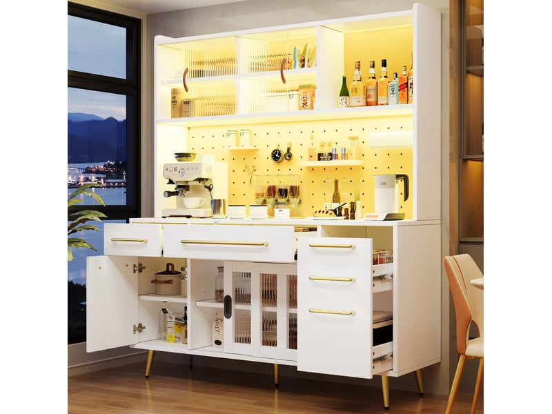  Meuble buffet rangement cuisine led portes coulissantes tiroirs 145 cm blanc verre homvra  - Conforama D