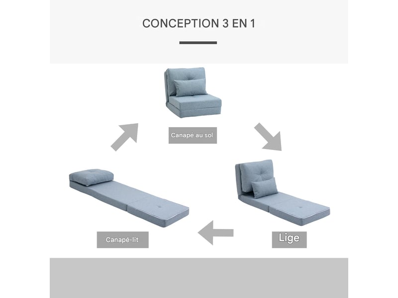  Fauteuil de sol chauffeuse convertible inclinable en tissu bleu ciel 60 x 80 x 56 cm  - Conforama E