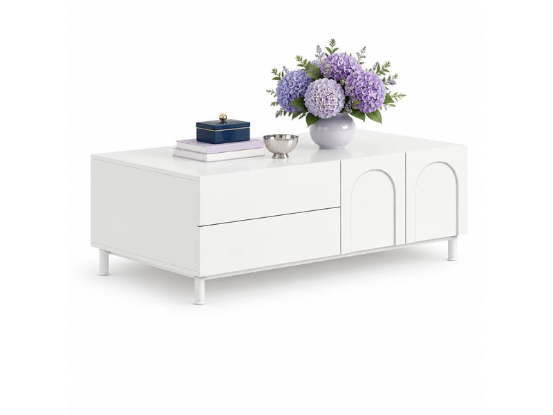  Table basse rectangulaire 100 x 50 cm avec 2 tiroirs et 2 portes, blanche  - Conforama A