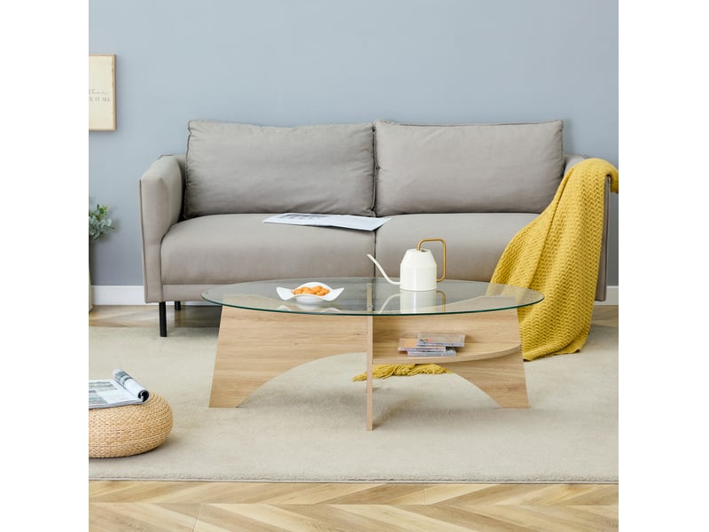  Table basse ovale 104,9x60x35,6 cm, table de salon, plateau en verre, pour salon, mdf, élégante, transparent et bois  - Conforama D