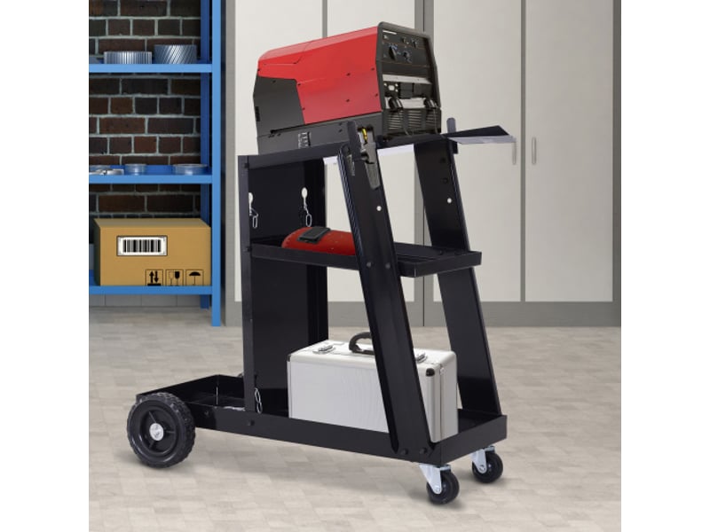  Chariot de soudage noir avec 3 étagères et chaîne de sécurité, support pour bouteille de gaz 71x39x70 cm, mobile pour atelier  - Conforama C