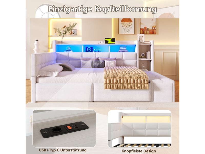  Lit banquette rembourré 140x190 cm, 2 tiroirs, banc coffre au pied, étagère intégrée, led multicolore, usb et usb-c, velours - blanc  - Conforama D