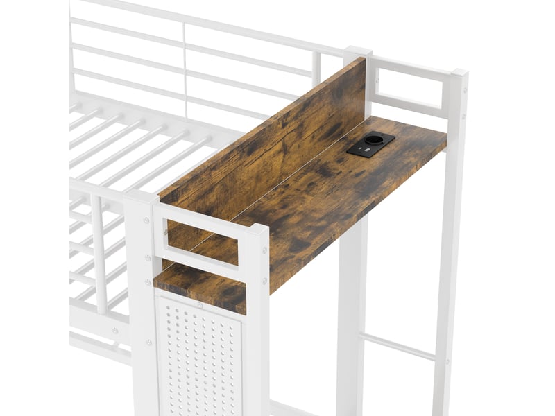  Lit mezzanine 90x200 cm en métal, lit simple avec 4 tiroirs, étagères, led, usb et type-c, sans matelas, blanc  - Conforama E