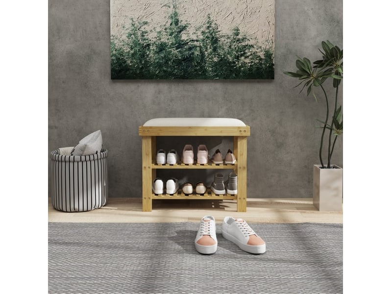  Banc à chaussures 60 x 29 x 49 cm crème et bambou, assise rembourrée, 2 étagères ouvertes pour entrée  - Conforama E
