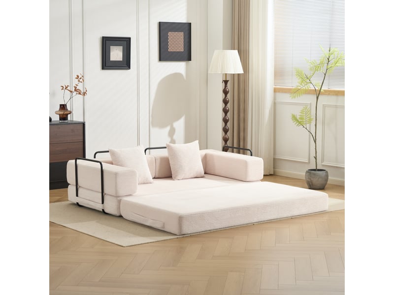 Canapé convertible, canapé-lit, en velours tricoté, blanc, pour salon, mobilier pour espace de vie, chambre - Conforama R