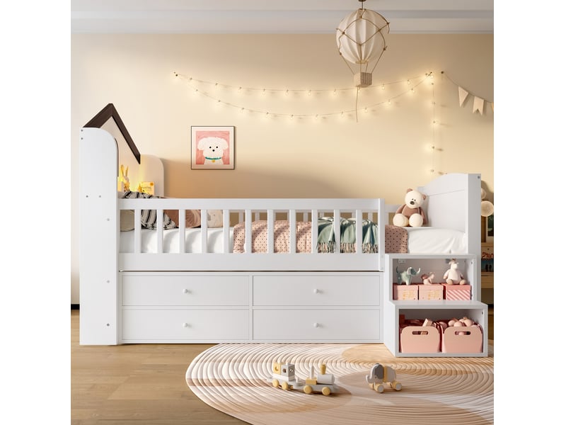  Lit cabane 90x200 cm, 4 tiroirs, éclairage led programmable, échelle intégrée, garde-corps, pin, blanc, sans matelas  - Conforama D