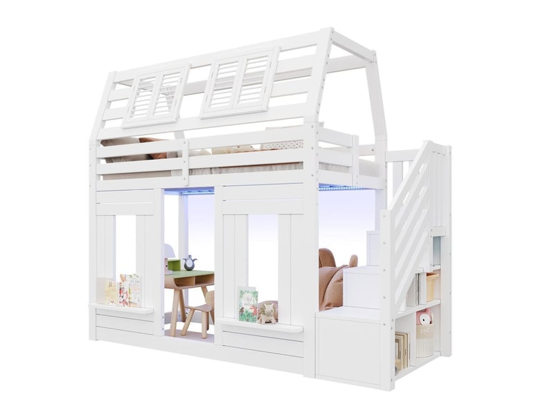 Lit superposé 90x200 cm lit enfant bois maison led protection anti-chute escalier rangement forme fenêtre blanc  - Conforama A