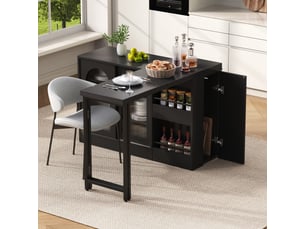 Îlot de cuisine table de bar pivotante 360° extensible avec rangement buffet porte en verre noir