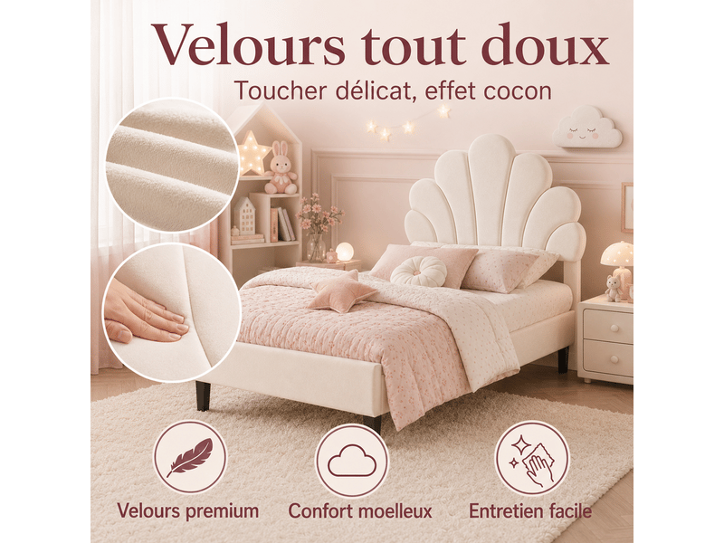 Lit enfant 90x200 avec sommier à lattes - lit rembourré 1 places avec tête de lit en forme de fleur - lit rembourré avec tête de lit florale réglable - 1 place - lit simple avec tête de lit fleur réglable en hauteur - 1 personne… - Conforama C