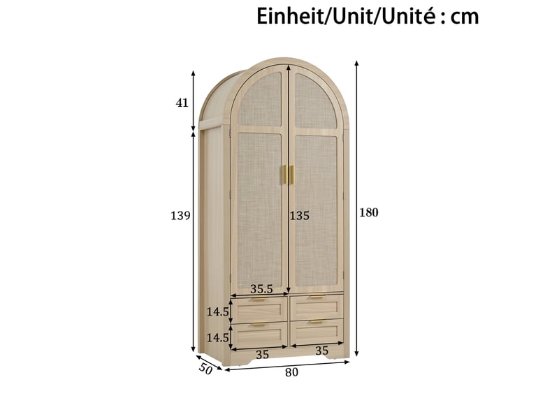  Armoire 80 x 50 x 180 cm avec penderie et quatre tiroirs, deux portes courbées en rotin, mdf, coloris chêne  - Conforama C