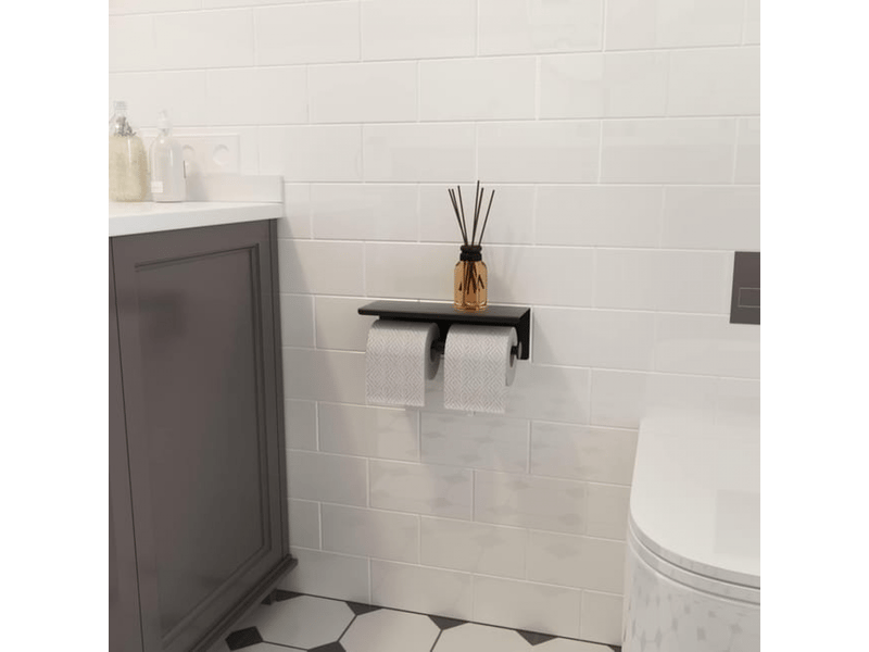  Porte-papier toilette noir mat avec étagères, support mural de salle de bain à double poteau en acier inoxydable  - Conforama B