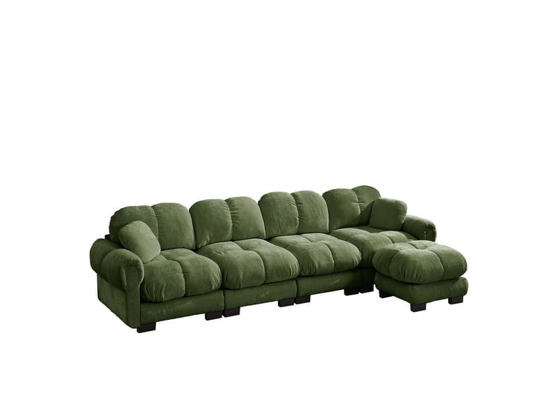 Canapé d'angle modulable 4 places modenvie avec pouf mobile, tissu chenille vert, dossier ergonomique, design matelassé, 330 x 149 x 90 cm  - Conforama A