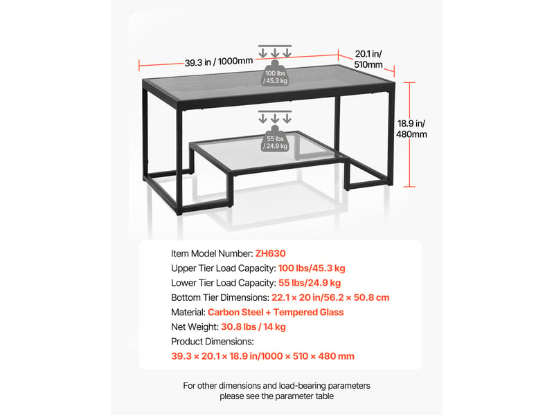  Vevor table basse en verre trempé 2 niveaux 100x51 cm, structure métal noire, étagère ouverte et éclairage led intégré ZH630 - Conforama C