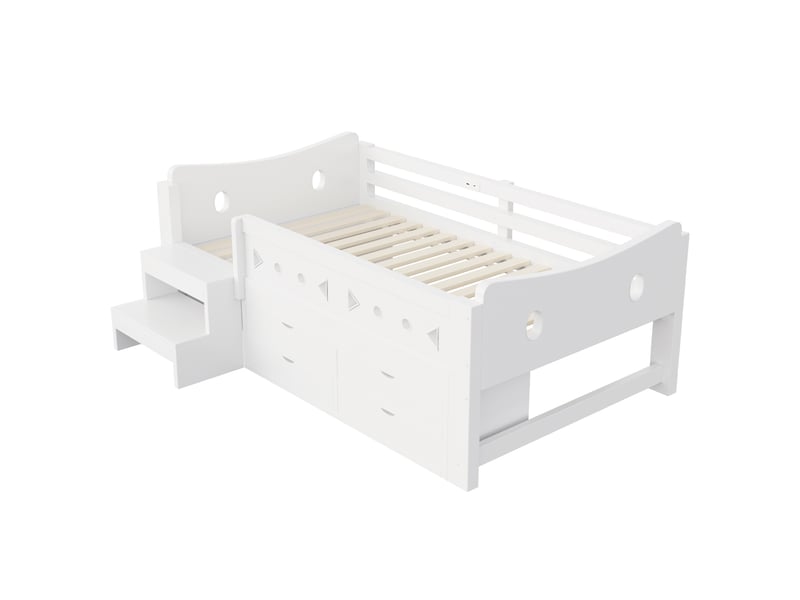  Lit enfant 90×200 cm avec tiroirs, rangements, led, usb et type-c en bois blanc  - Conforama D