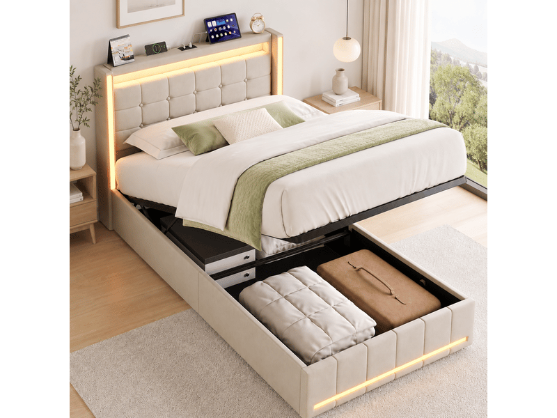 Lit coffre 90x200 avec led et usb, lit 1 place avec rangement hydraulique, lit simple rembourré avec sommier à lattes, sans matelas - Conforama B
