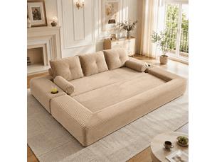 Canapé droit convertible 3 places en velours côtelé beige, avec poches, porte-gobelets et coussins mémoire