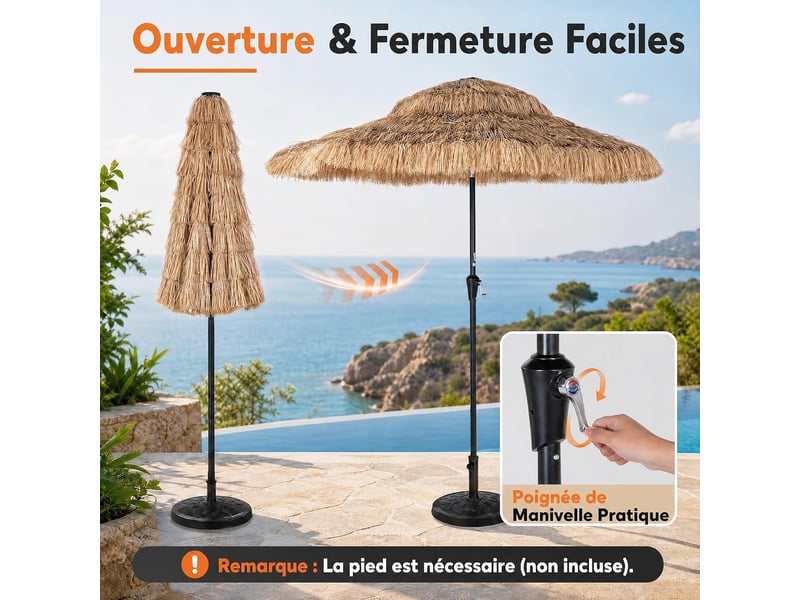  275cm parasol paille pe de jardin exterieur avec toit inclinable 30° | parasol terrasse exotique hawaien avec manivelle, 8 baleines  - Conforama D