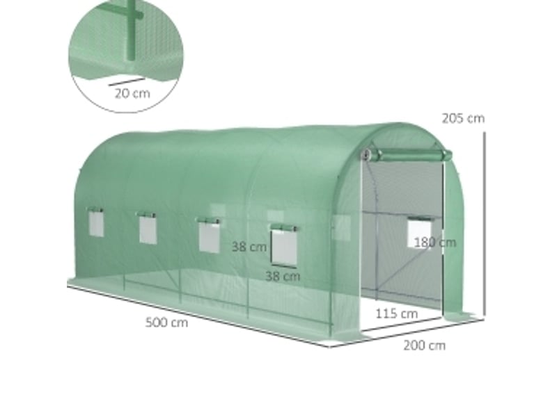  Serre tunnel de jardin 500x200x205 cm – verte – porte enroulable, fenêtres et fixation renforcée  - Conforama C