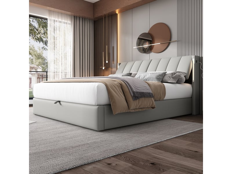  Lit coffre 140x200 cm avec éclairage led, port usb, rangement hydraulique et tête de lit réglable, pu gris  - Conforama B