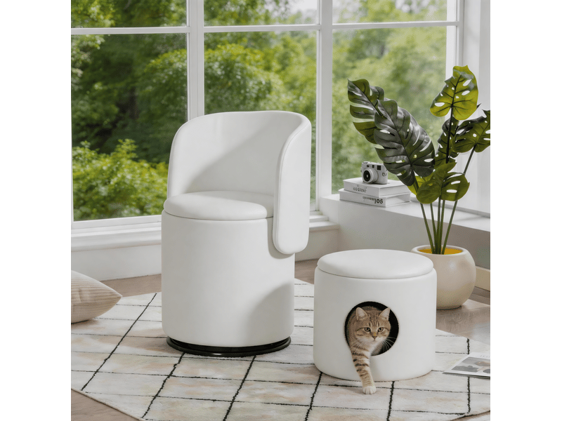  Pouf fauteuil tonneau pivotant 360° en velours blanc avec rangement intégré et pouf de repos pour félin inclus  - Conforama B