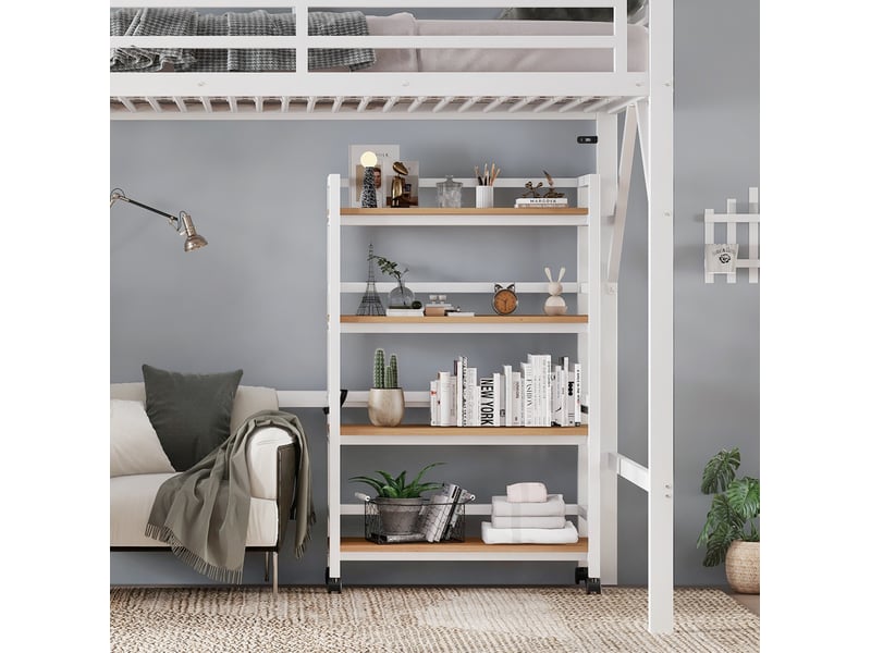  Lit mezzanine 90x200 armoire tringle meuble 4 niveaux roulant garde-corps sommier métal mdf blanc naturel sans matelas  - Conforama E