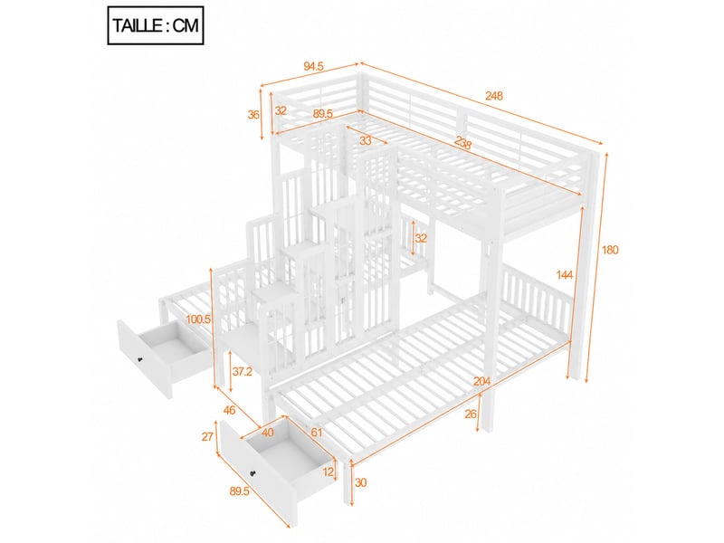  Lit superposé 3 places en métal et bois avec escalier, garde-corps et 2 tiroirs, 90x200 cm, sans matelas, blanc  - Conforama D