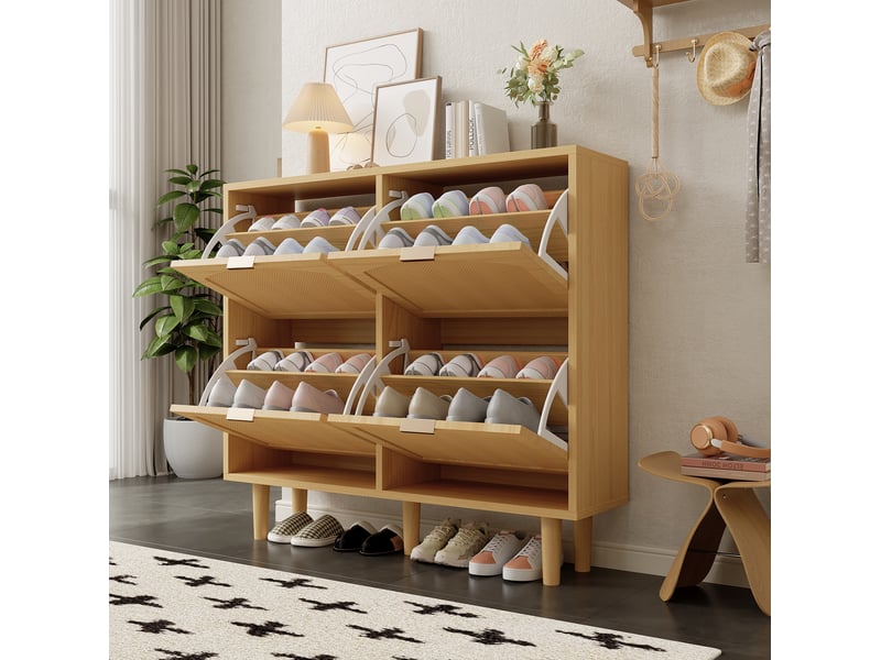  Meuble à chaussures ulevr à 4 abattants, rangement étroit 100 x 25 x 90 cm, panneaux de particules et portes en rotin, chêne clair  - Conforama D