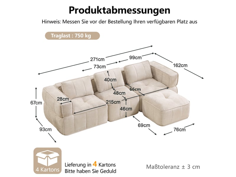  Canapé d'angle modulable compressé 3 places avec pouf, en polyester beige  - Conforama C