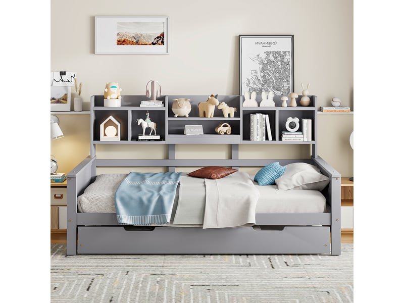  Canapé-lit en bois massif gris 90x200 cm avec lit gigogne 90x190 cm, rangements et lattes  - Conforama E