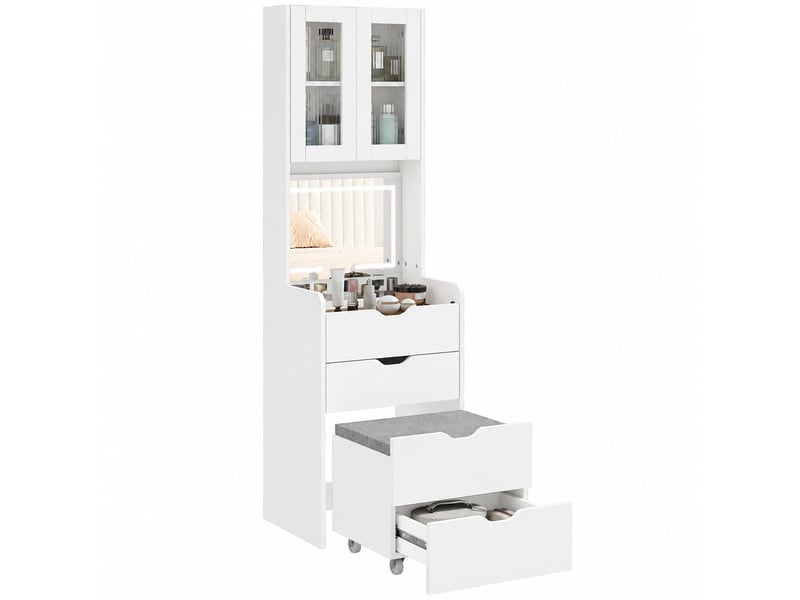 Coiffeuse blanche avec miroir éclairé et tabouret, led 3 teintes, 3 tiroirs et placard, 50 x 40 x 160 cm - Conforama A