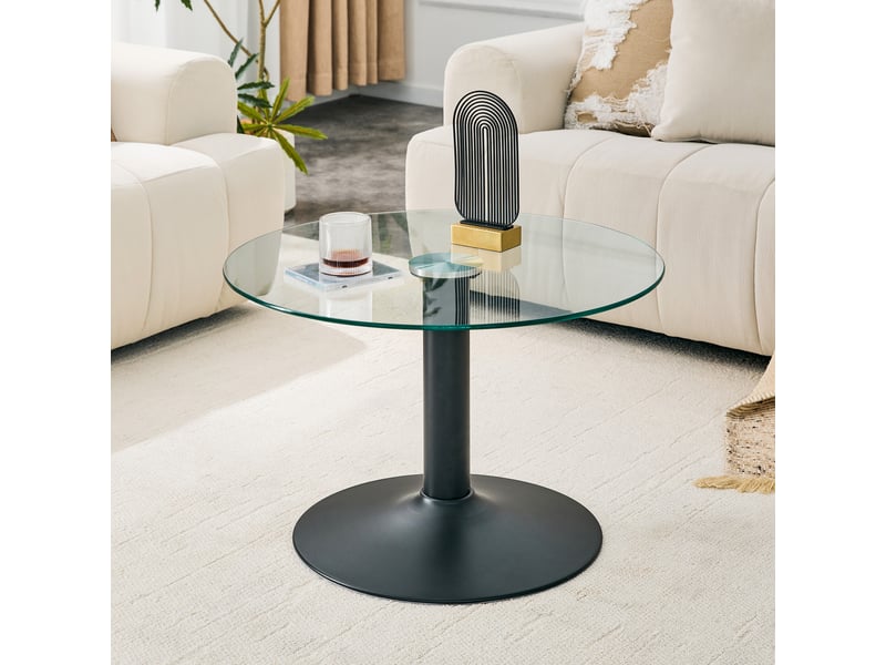  Table basse fixe ronde à pied central pour salon en verre trempé et métal, diamètre 70 cm, hauteur 45 cm, noire  - Conforama B