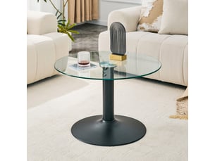 Table basse fixe ronde à pied central pour salon en verre trempé et métal, diamètre 70 cm, hauteur 45 cm, noire