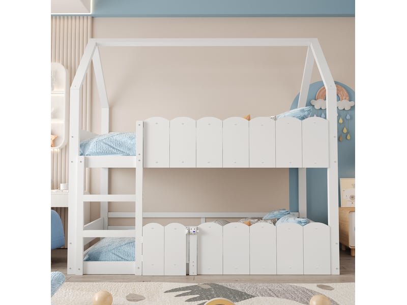 Lit superposé enfant 90x200 cm, avec forme de maison, barrières surélevées, un seul sommier, bois blanc, sans matelas - Conforama B