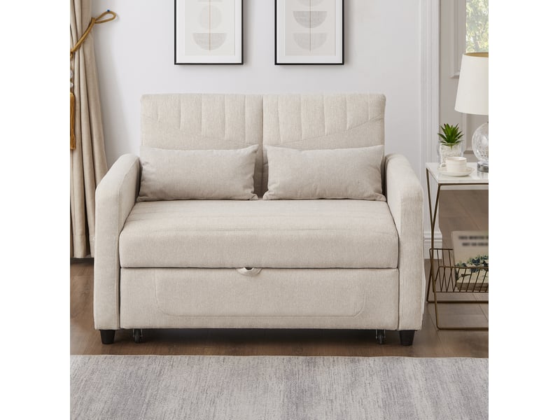  Canapé droit convertible 2 places beige en tissu, dossier réglable 3 positions, idéal pour petits espaces  - Conforama E