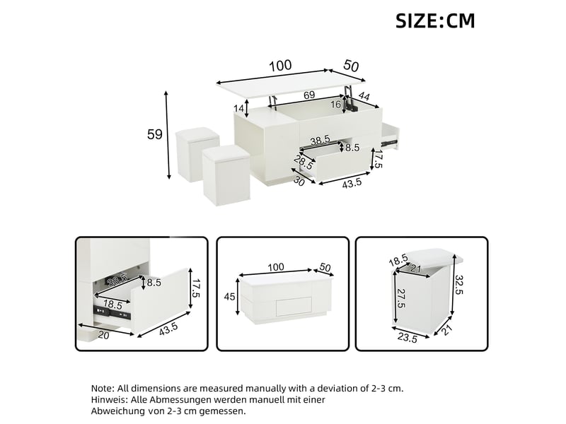  Table basse 100x50x45 cm relevable avec led panneau de particules blanche  - Conforama E