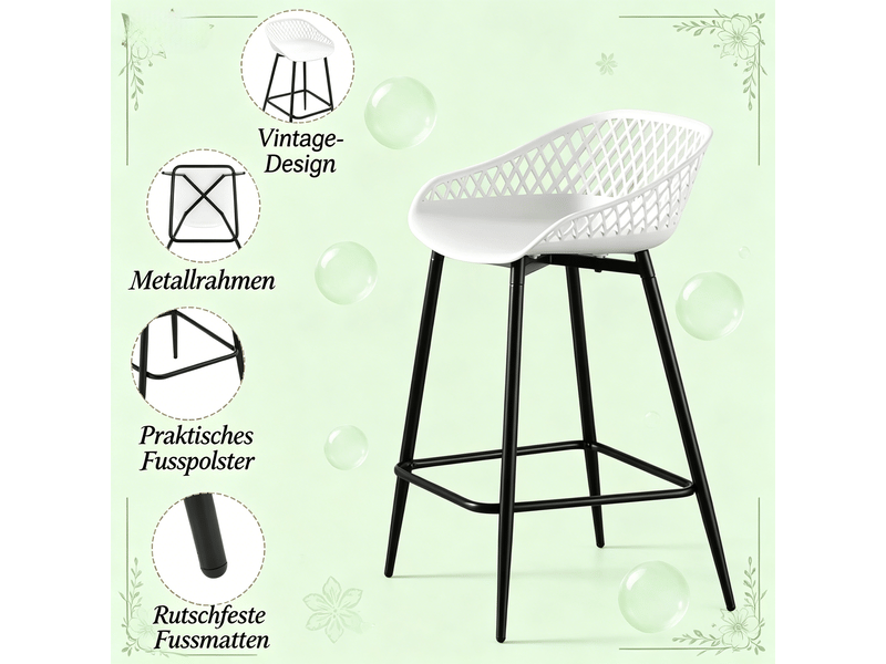  Tabourets de bar lot de 2 avec dossier et repose-pieds - lpospi - assise ergonomique, pp et métal - blanc  - Conforama E