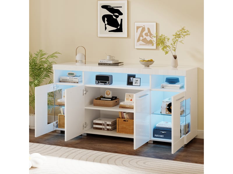  Buffet bas 140 x 40 x 70 cm brillant avec éclairage led multicolore, portes en verre trempé, 3 tiroirs en mdf, blanc  - Conforama W