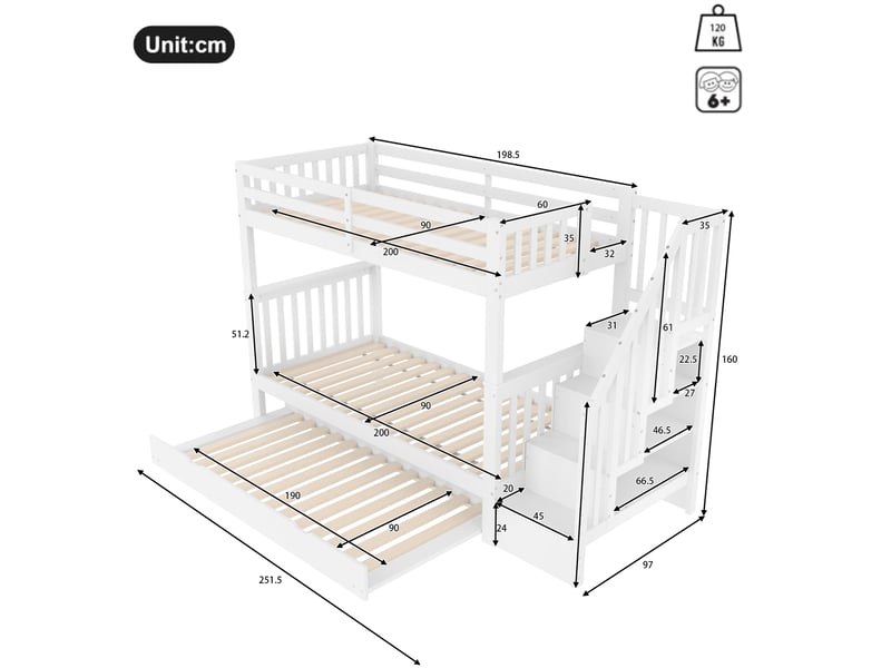  Lit superposé tcqpz enfant 90 x 200 cm avec lit gigogne escalier à étagères bois mdf blanc  - Conforama C