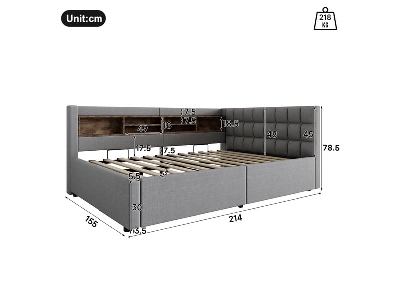  Lit banquette 140x200cm gris, relevage hydraulique, led réglable, étagère pratique, port usb, sans matelas  - Conforama B