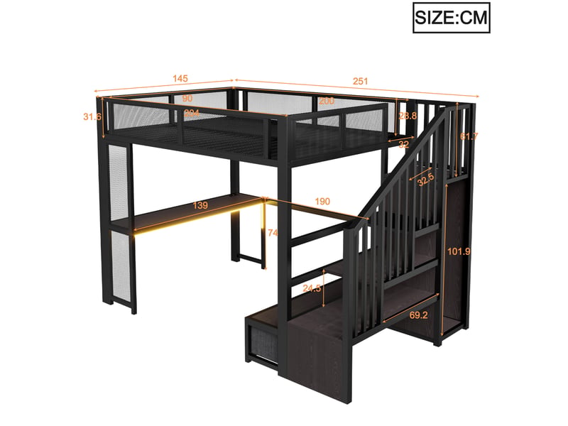  Lit mezzanine enfant 140x200 cm en métal noir avec bureau, led, usb, rangement et armoire ouverte, sans matelas  - Conforama C