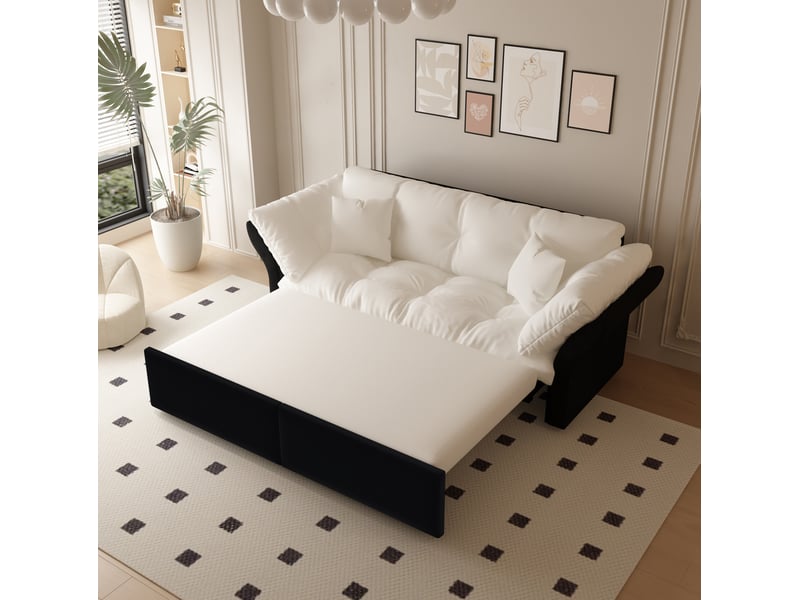 Canapé droit convertible 3-en-1 2 places en velours beige et blanc, lit d’appoint avec 2 coussins inclus - Conforama B