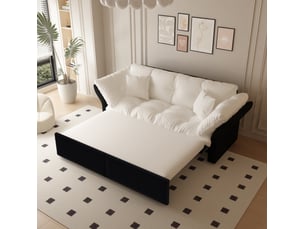 Canapé droit convertible 3-en-1 2 places en velours beige et blanc, lit d’appoint avec 2 coussins inclus