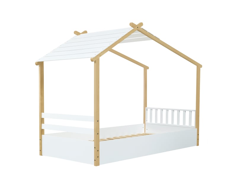  Lit enfant maison en bois au design épuré, pin mdf blancnaturel, 90x190 cm, avec sommier à lattes stable et structure robuste  - Conforama E