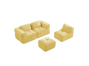 Canapé d'angle modulaire 3 places avec pouf, assise profonde et mousse 32d, sans cadre en polyester jaune