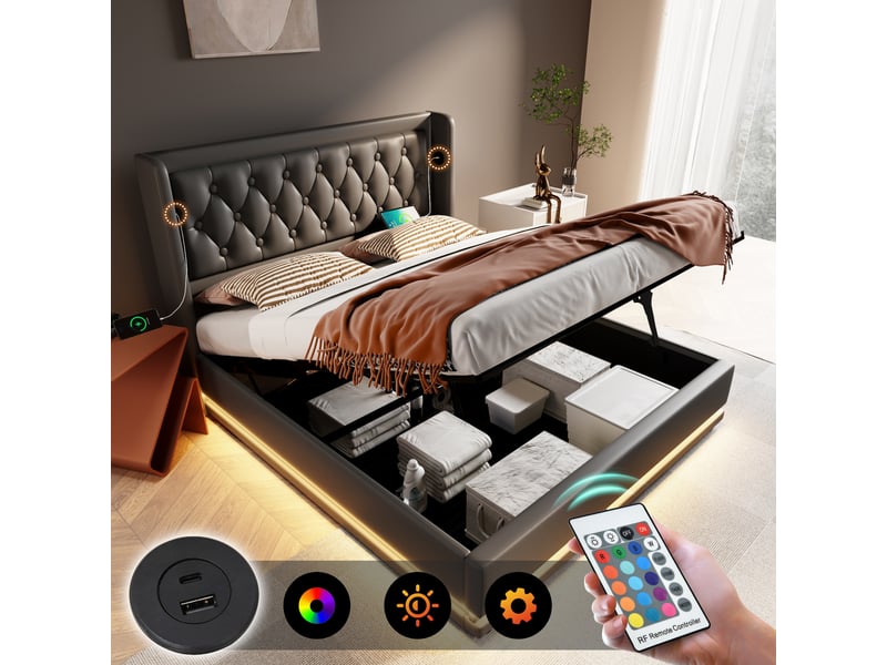  Lit capitonné 140*200 cm, tête rembourrée, port usb-c, éclairage led 3 côtés, coffre hydraulique, noir pu, matelas inclus  - Conforama D