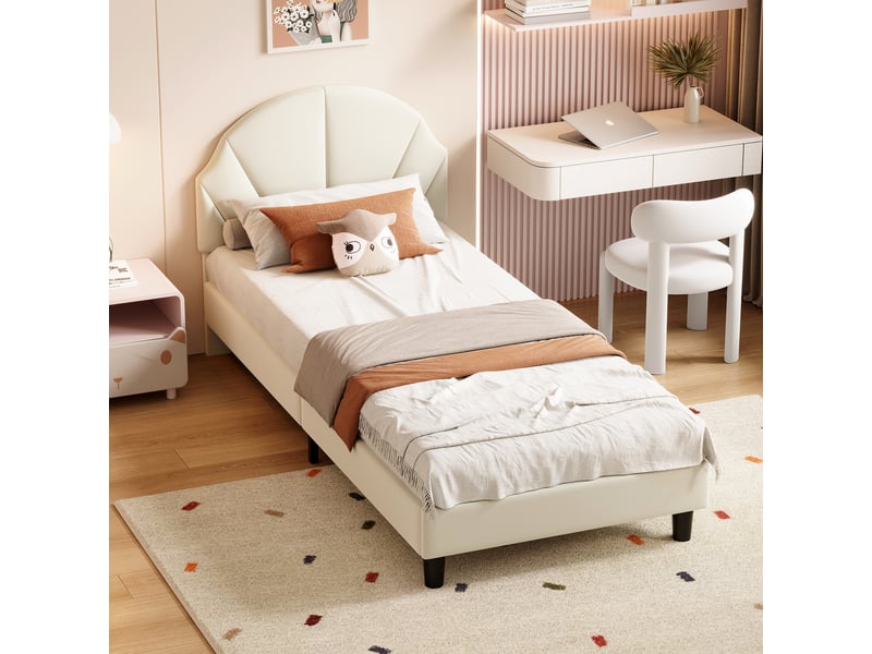  Lit jeunesse 90x200, lit simple 90x200, tête de lit réglable, revêtement velours, montage facile, beige  - Conforama B