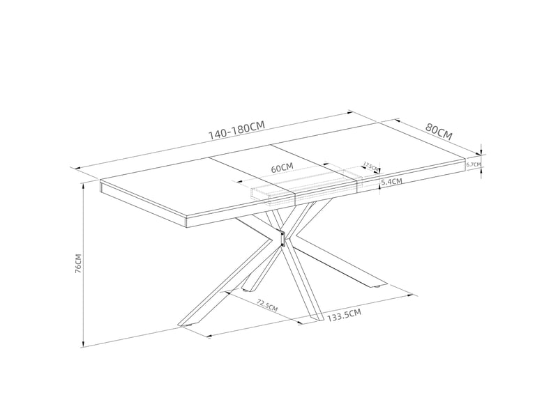 Table à manger extensible 140-180 x 80 cm avec rangement dissimulé, plateau mdf gris, pieds métal noir en x, 4 à 6 places - Conforama E