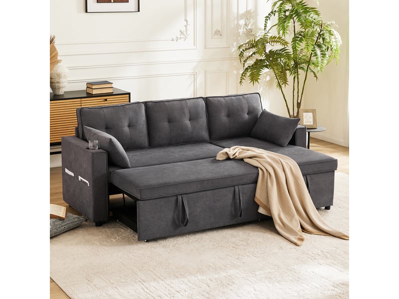 Canapé convertible 3 places en l avec méridienne réversible - rangement intégré et porte-gobelet - lin gris - Conforama B