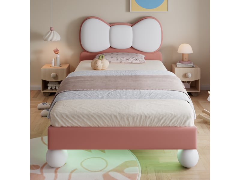  Lit enfant 90 × 200 cm 1 place avec led réglable et tête de lit nœud, sans matelas, en velours, rose  - Conforama B