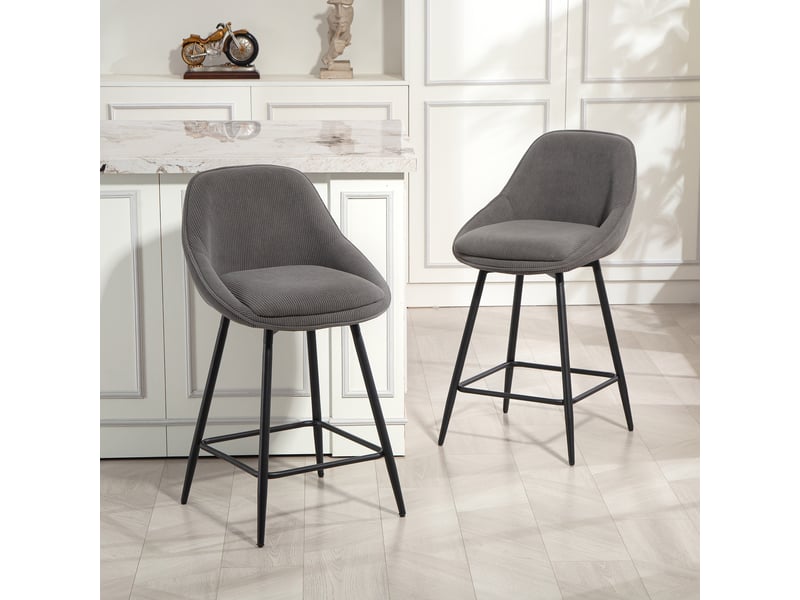  Ensemble de 2 tabourets de bar avec revêtement en velours côtelé et pieds en acier, chaises rembourrées pour îlot de cuisine, salle à manger, gris  - Conforama D